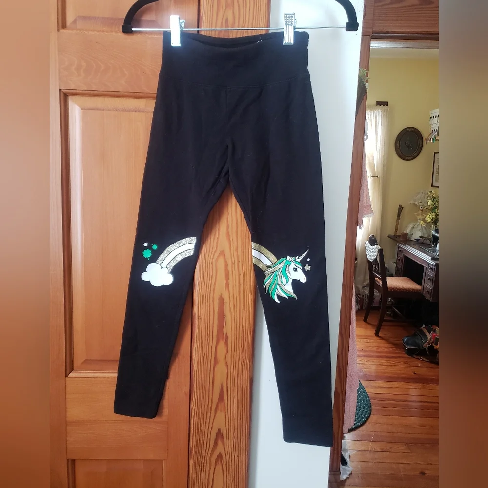 NWOT Justice Black Leggings with Unicorn Rainbow Shamrock St Patricks Print 10